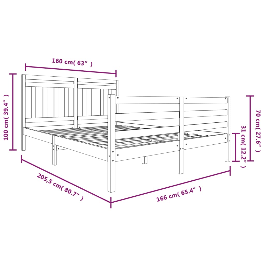 3100665 vidaXL Bed Frame without Mattress White Solid Wood 160x200 cm (810441+814105)