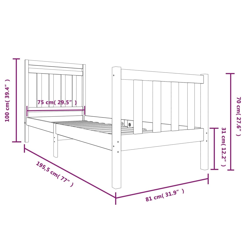 vidaXL Bed Frame without Mattress Black Small Single Solid Wood
