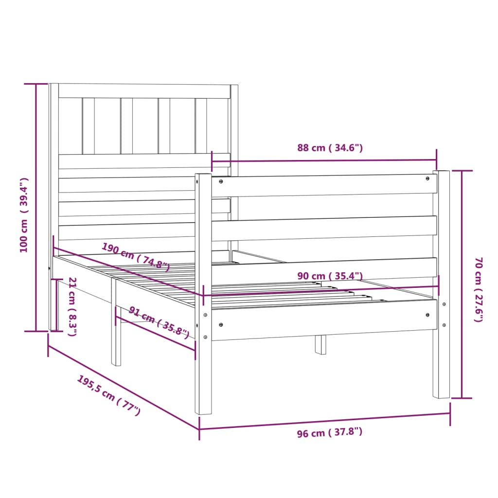 vidaXL Bed Frame without Mattress 90x190 cm Single Single Solid Wood