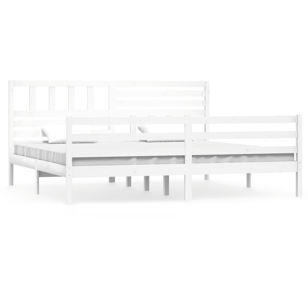 vidaXL Bed Frame | White | Solid Pinewood | Double | Decorative Inlays