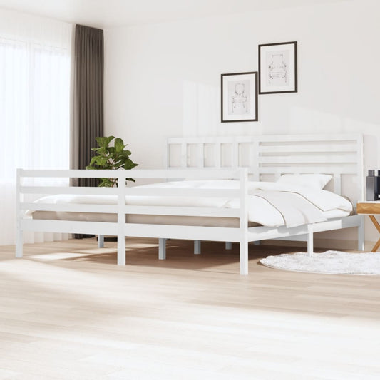 vidaXL Bed Frame | White | Solid Pinewood | Double | Decorative Inlays