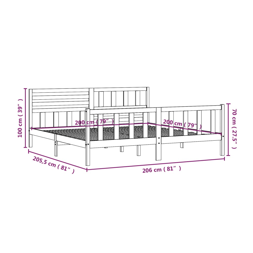 vidaXL Bed Frame | Black | Solid pine wood | 200 x 200 cm |  Strong Build
