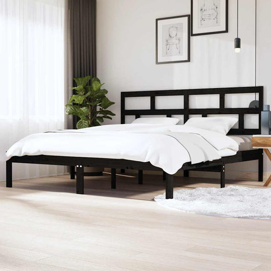 vidaXL Bed Frame | Black | Solid pine wood, Plywood slats | Double | Modern