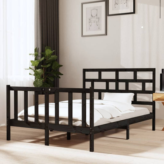 vidaXL Bed Frame | Black | Solid pine wood | 135x190 cm | Durable | Bed Frame