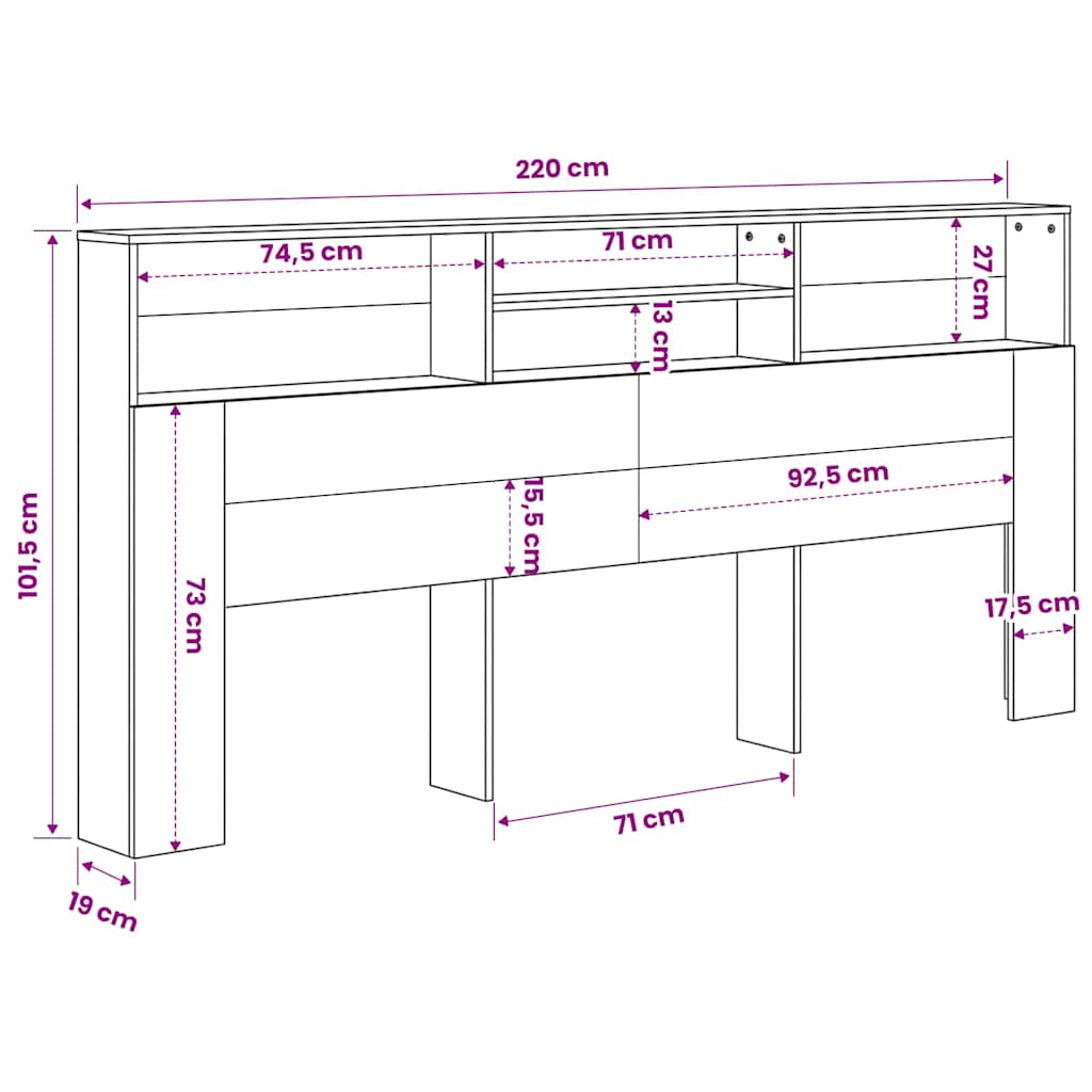 vidaXL Headboard Cabinet White 220x19x101.5 cm