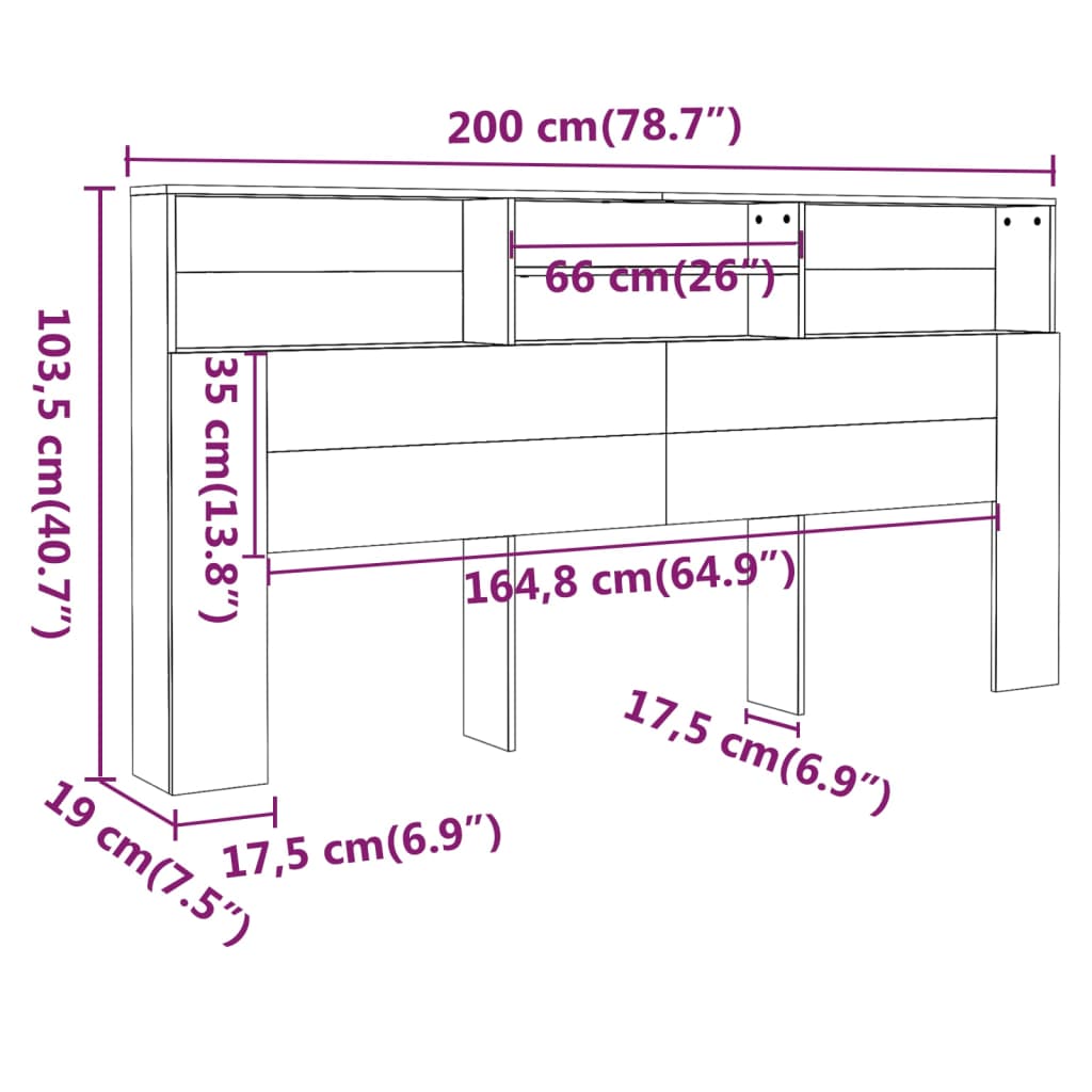 vidaXL Headboard Cabinet Grey Sonoma 200x19x103.5 cm