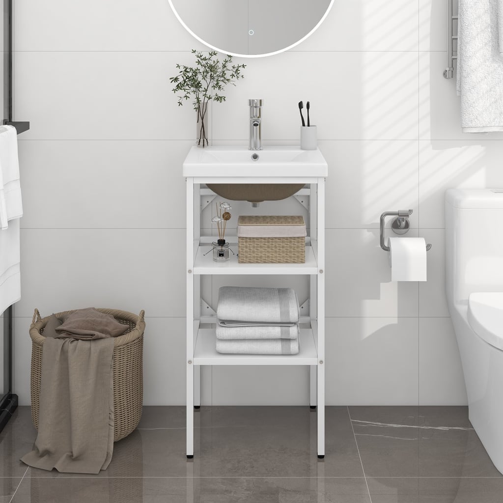 vidaXL Bathroom Washbasin Frame with Built-in Basin White Iron