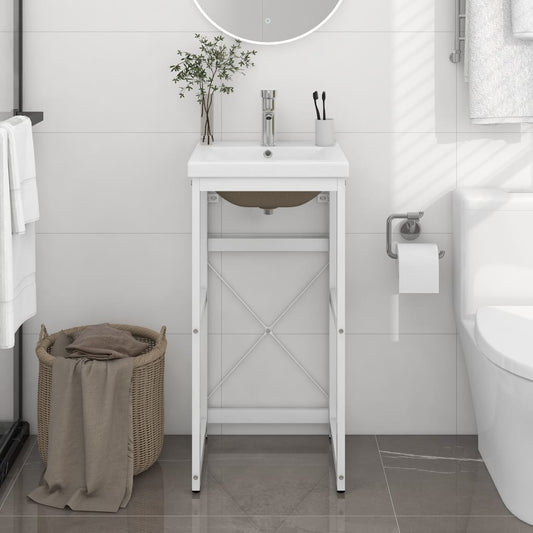 vidaXL Bathroom Washbasin Frame with Built-in Basin White Iron