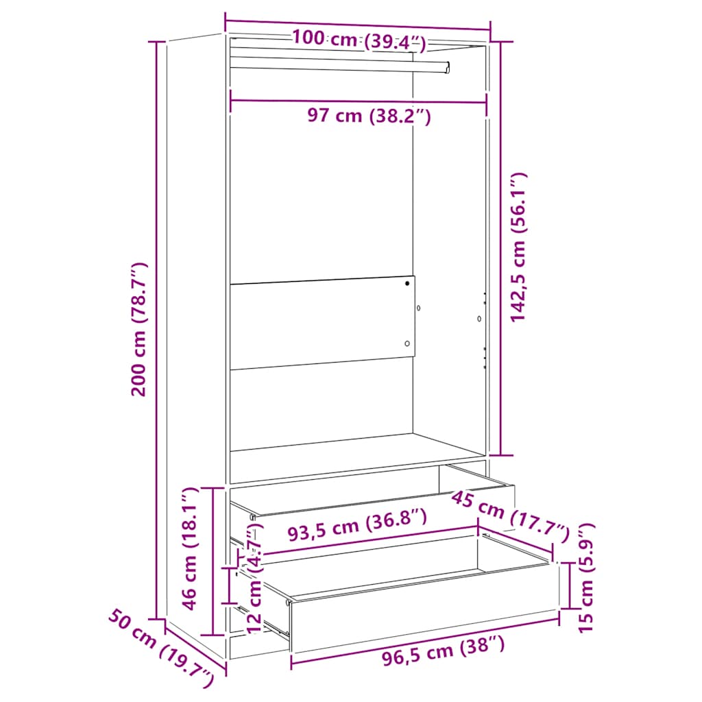 vidaXL Wardrobe Grey Sonoma 100x50x200 cm Engineered Wood