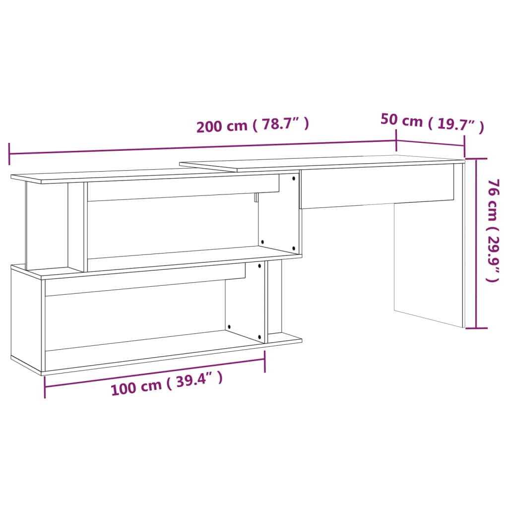 vidaXL Corner Desk Brown Oak 200x50x76 cm Engineered Wood