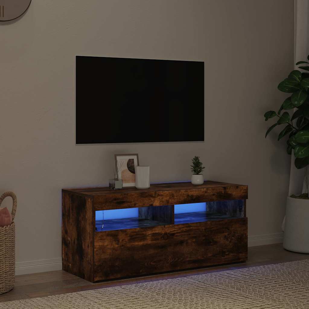 vidaXL TV Cabinet with LED Lights Smoked Oak 90x35x40 cm