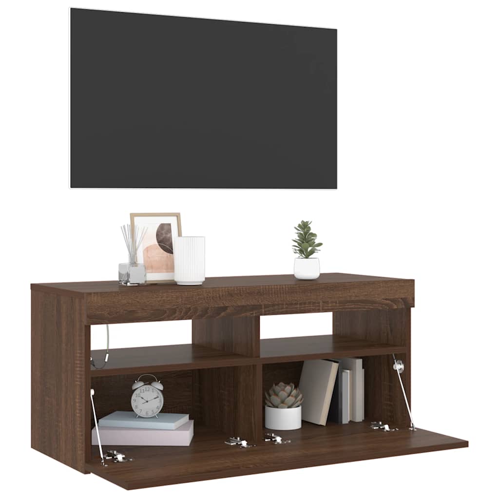 vidaXL TV Cabinet with LED Lights Brown Oak 90x35x40 cm