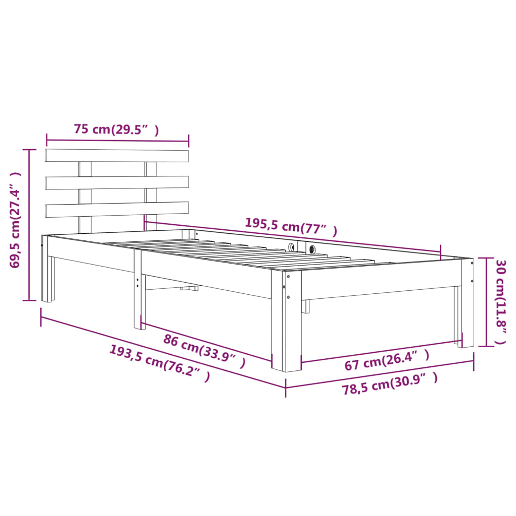 vidaXL Bed Frame without Mattress 75x190cm Small Single