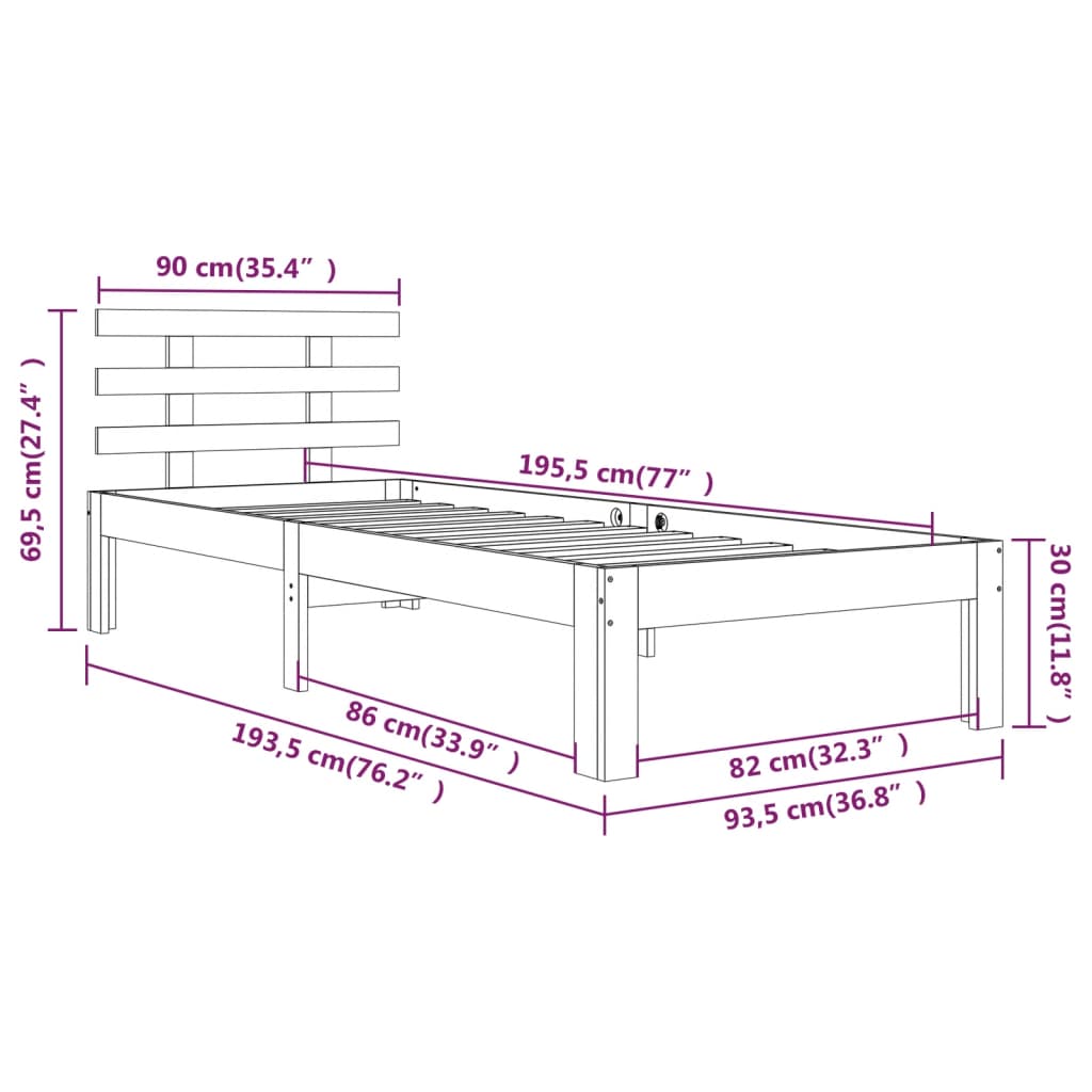 vidaXL Bed Frame without Mattress 90x190cm Single