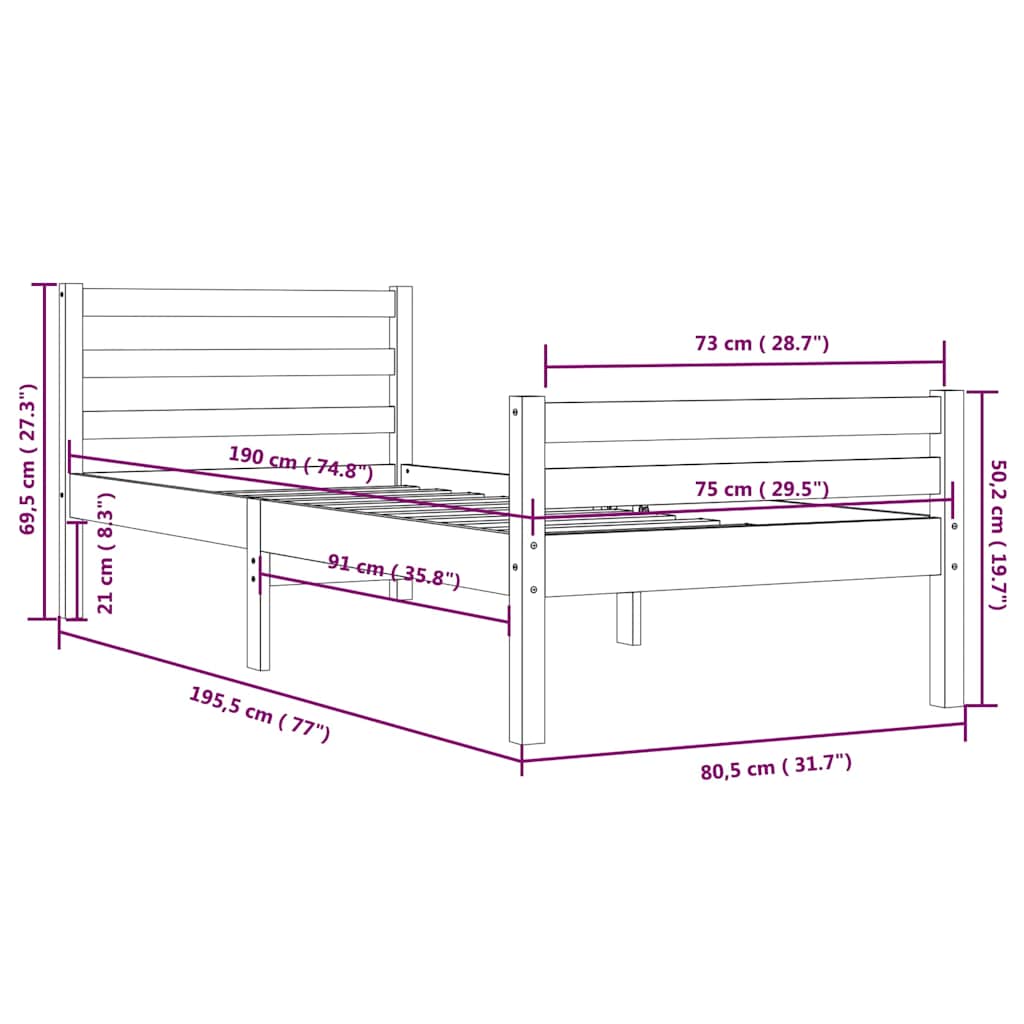 vidaXL Bed Frame without Mattress Honey Brown Solid Wood 75x190 cm Small Single