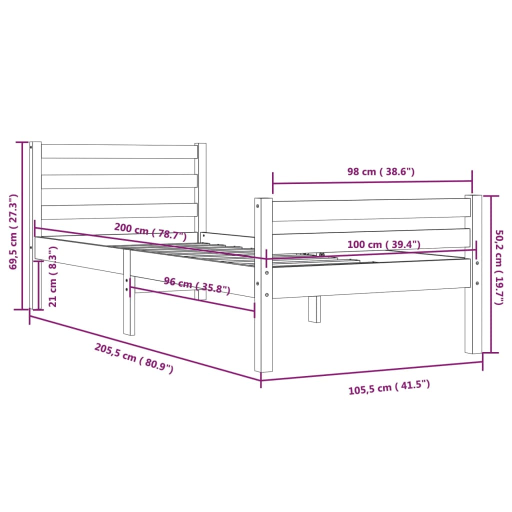 vidaXL Bed Frame without Mattress White Solid Wood 100x200 cm