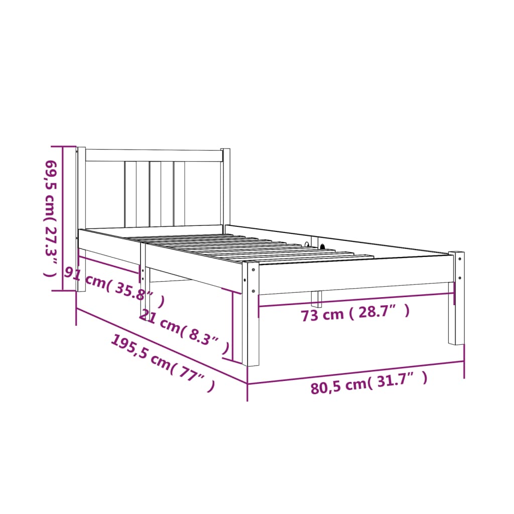 vidaXL Bed Frame without Mattress Honey Brown Solid Wood 75x190 cm Small Single