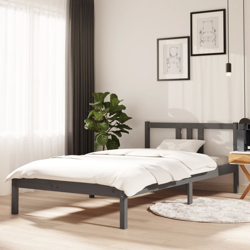 vidaXL Bed Frame | Grey | Solid pine wood | Single |  Simple | Bed Frame