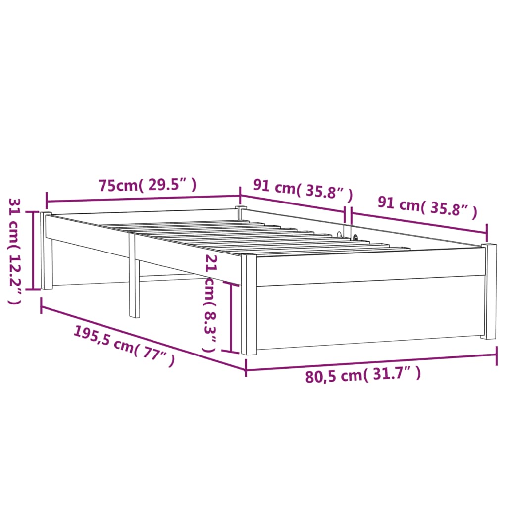 vidaXL Bed Frame without Mattress Honey Brown Solid Wood 75x190 cm