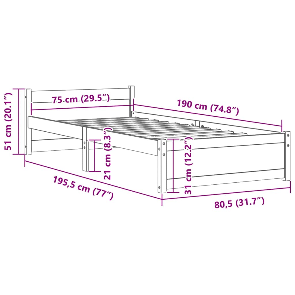 vidaXL Bed Frame without Mattress Honey Brown Solid Wood 75x190 cm Small Single