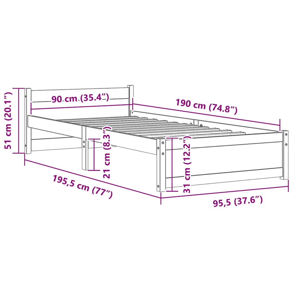 vidaXL Bed Frame without Mattress White Solid Wood 90x190 cm Single
