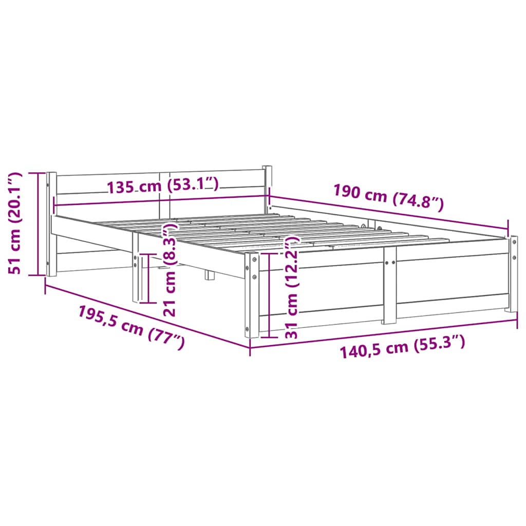 vidaXL Bed Frame without Mattress Grey Solid Wood 135x190 cm Double