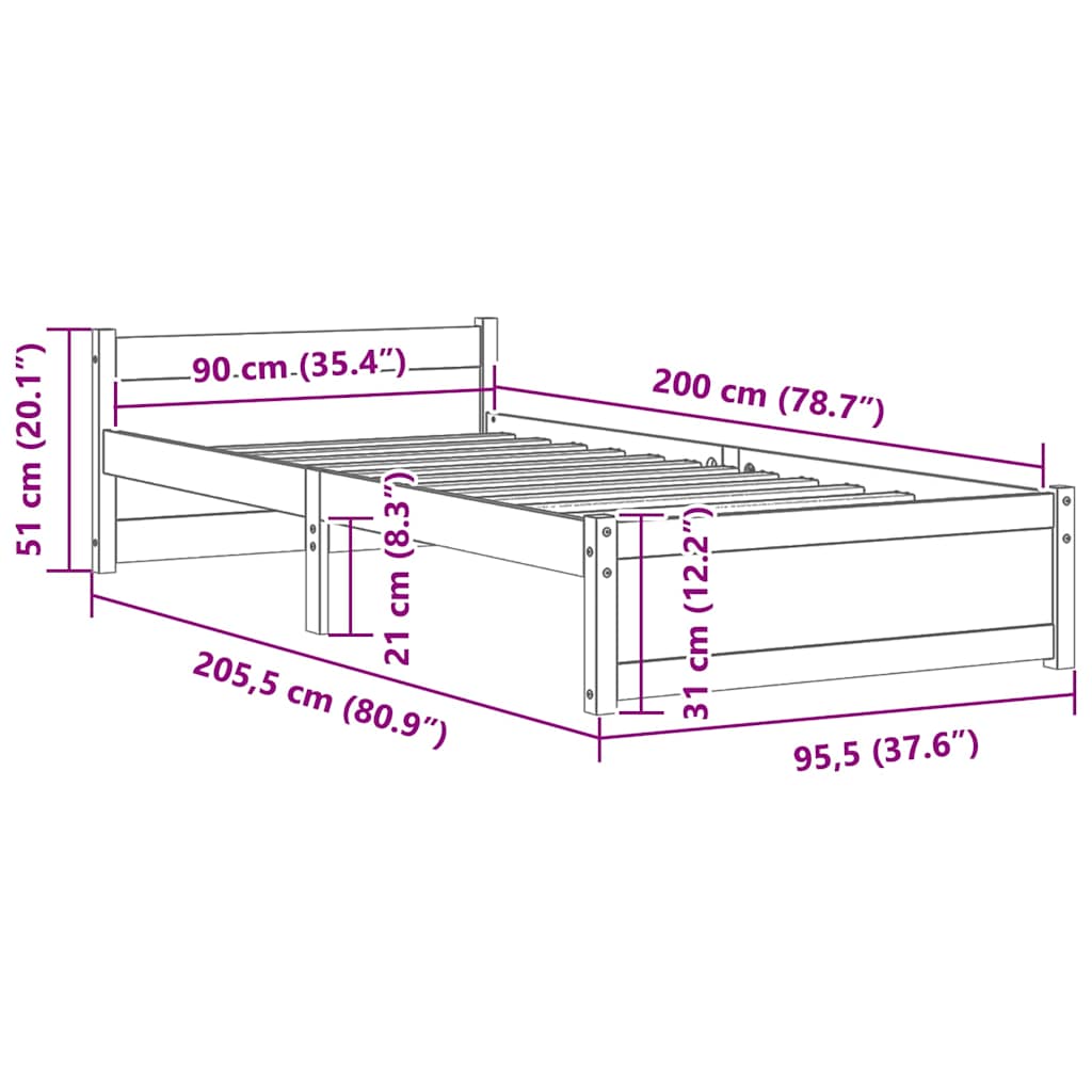 vidaXL Bed Frame without Mattress Black Solid Wood 90x200 cm
