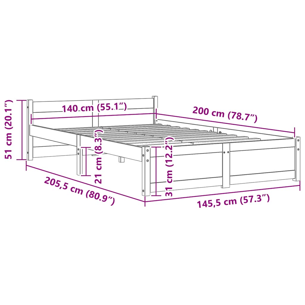 vidaXL Bed Frame without Mattress Solid Wood 140x200 cm