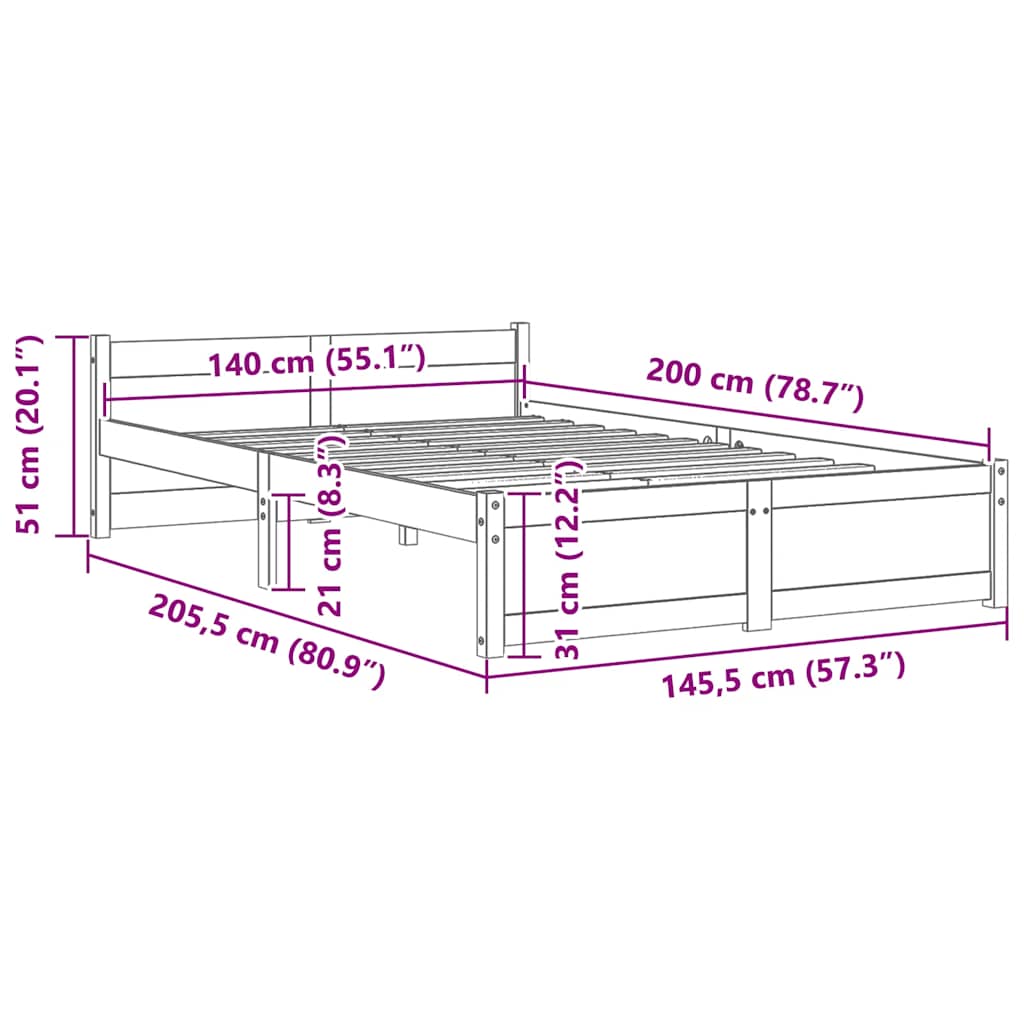vidaXL Bed Frame without Mattress White Solid Wood 140x200 cm