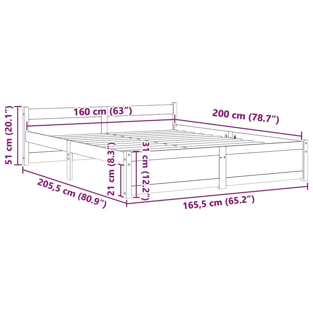 vidaXL Bed Frame without Mattress White Solid Wood 160x200 cm