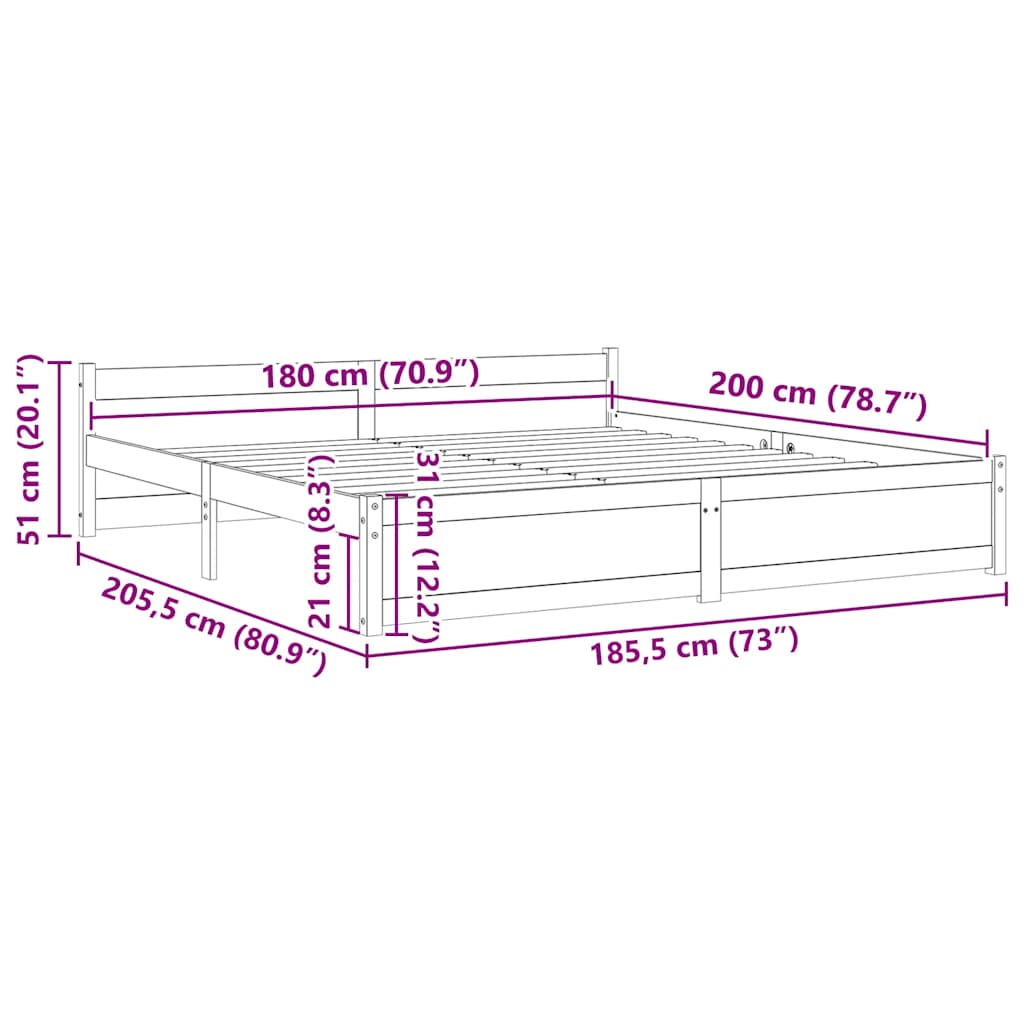 vidaXL Bed Frame without Mattress White Solid Wood 180x200 cm