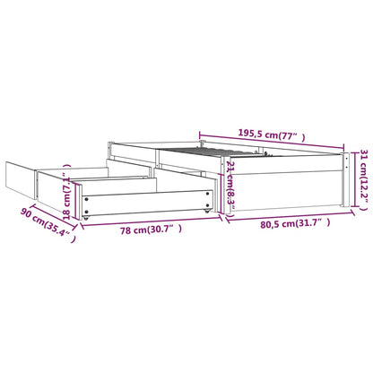 vidaXL Bed Frame without Mattress with Drawers White Small Single