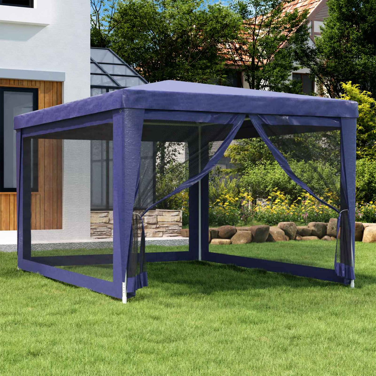 vidaXL Party Tent with 4 Mesh Sidewalls Blue 3x4 m HDPE