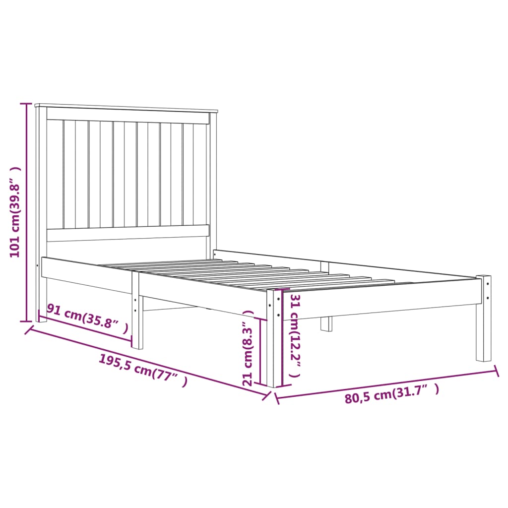 vidaXL Bed Frame | Natural Pine | Solid Pine Wood | Small Single | Durable