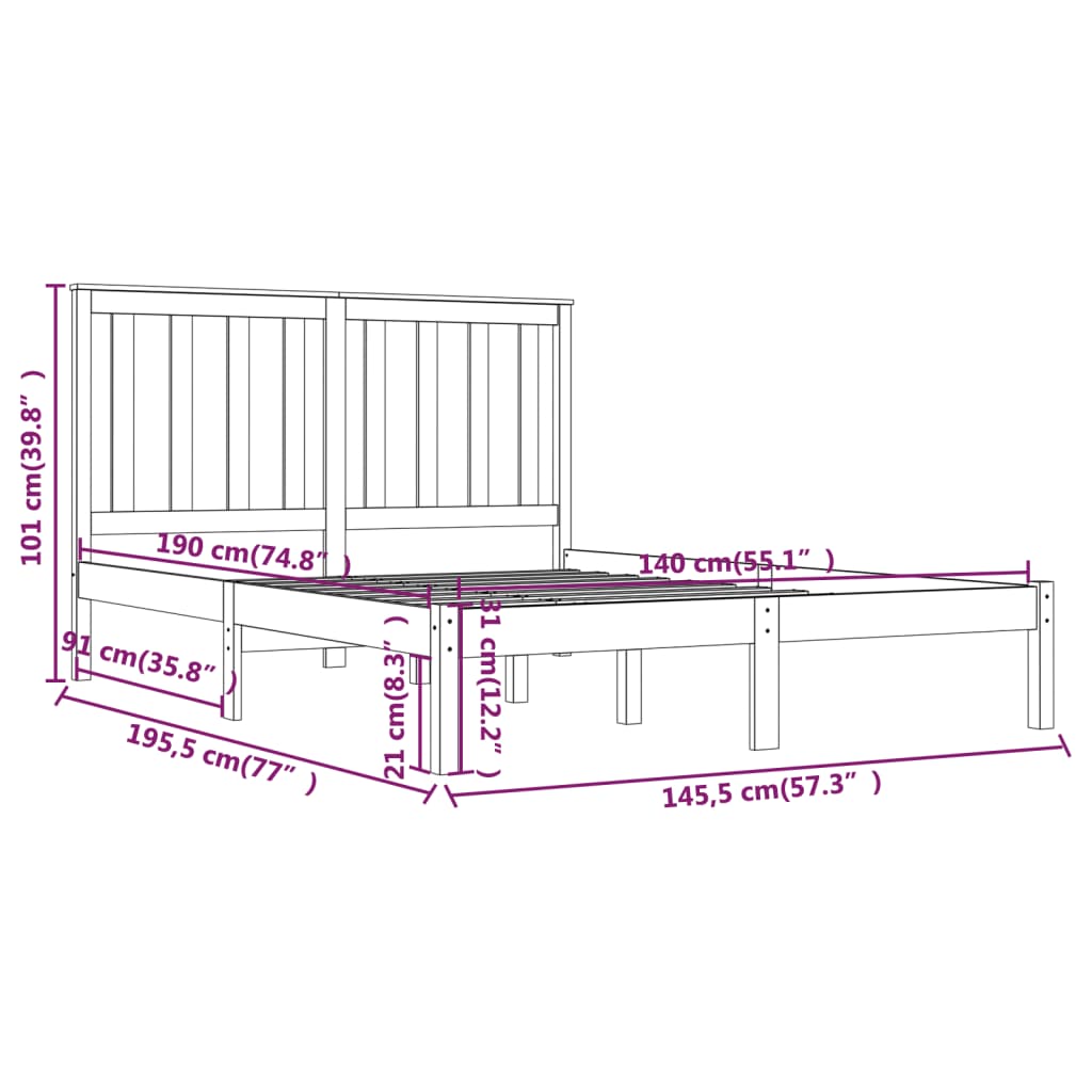vidaXL Bed Frame | Black | Solid Pine Wood | Double | Durable | Bed Frame