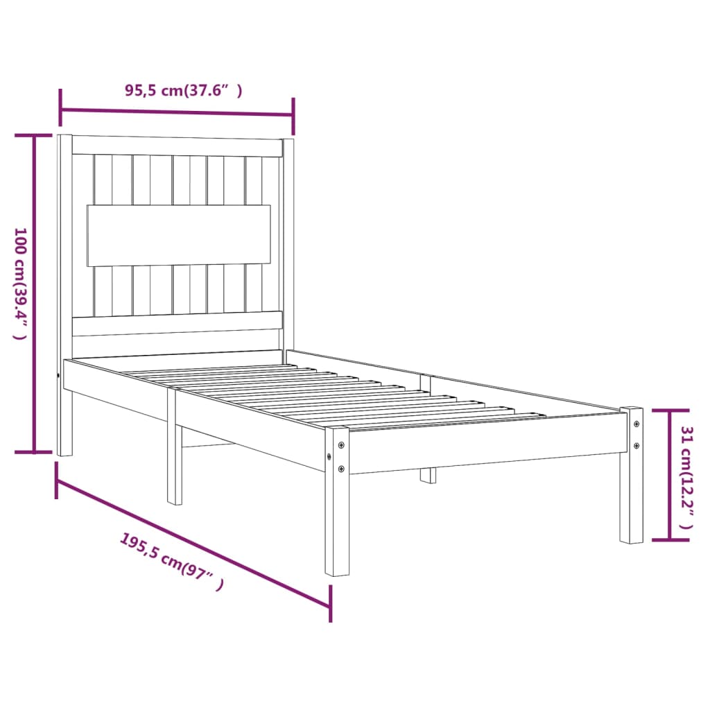 vidaXL Bed Frame without Mattress White Solid Wood Single