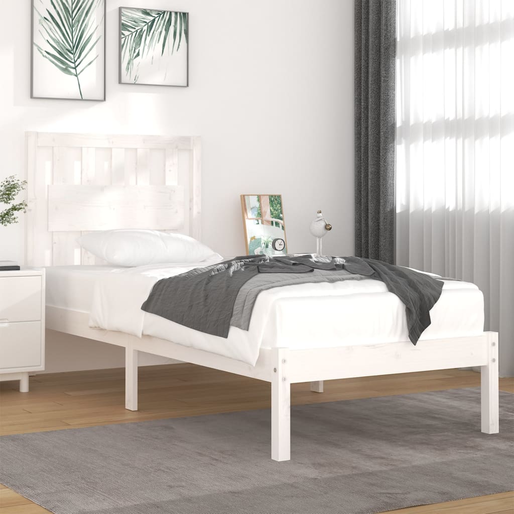vidaXL Bed Frame | White | Solid pine wood | 90x200 cm | Decorative Inlays