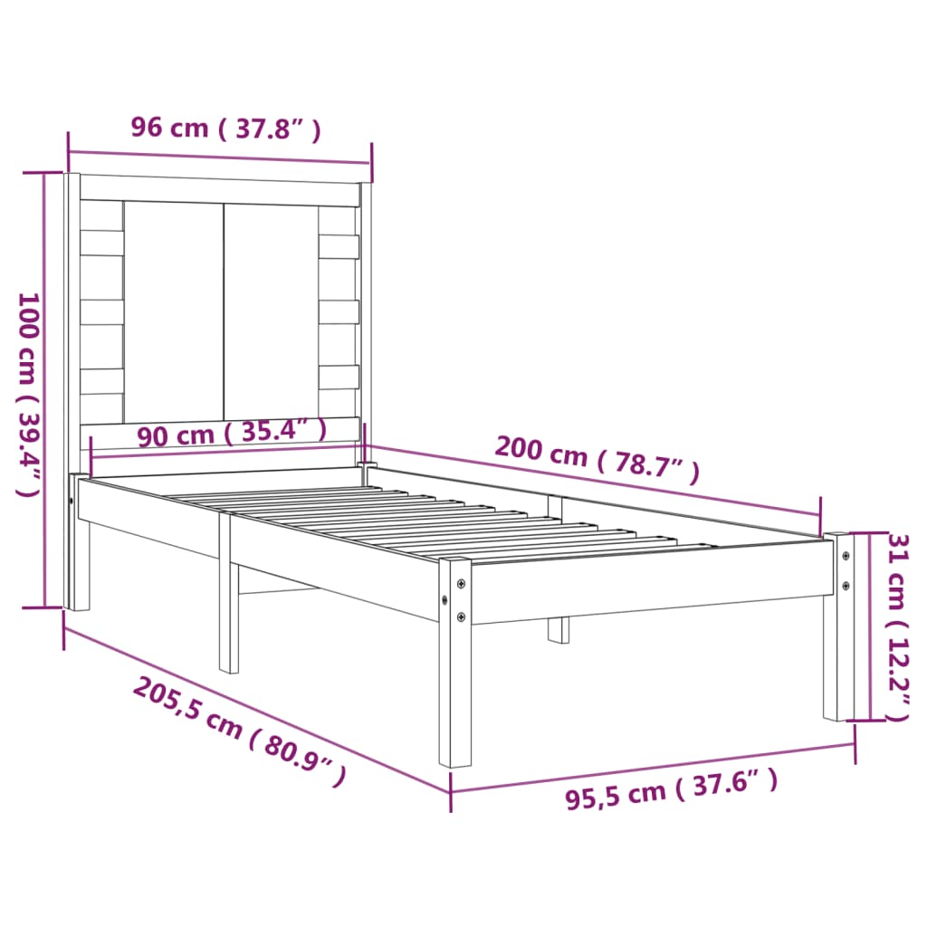 vidaXL Bed Frame | Natural wood colour | Solid Pine Wood | 90x200 cm | Durable
