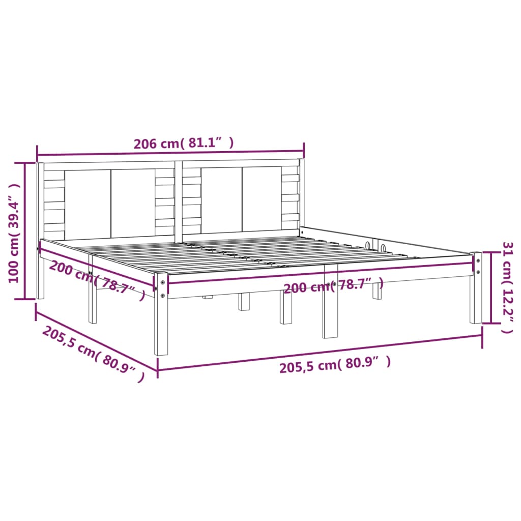 vidaXL Bed Frame | Grey | Solid pine wood | 200 x 200 cm | Classic/Traditional