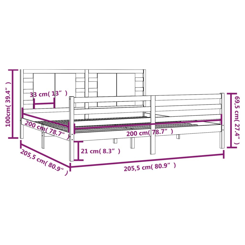 vidaXL Bed Frame | Grey | Solid pinewood | Double | Decorative Inlays