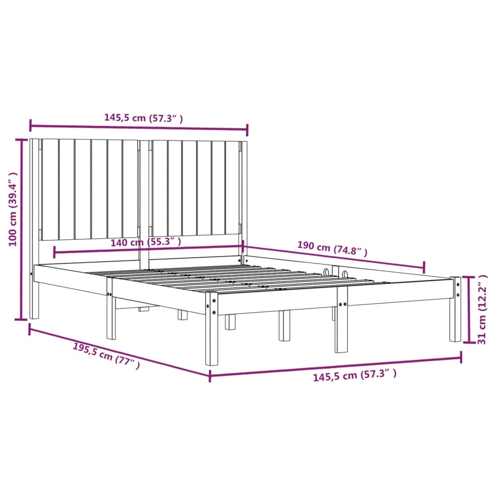 vidaXL Bed Frame | Black | Solid pine wood | Double Size | Bed Frame
