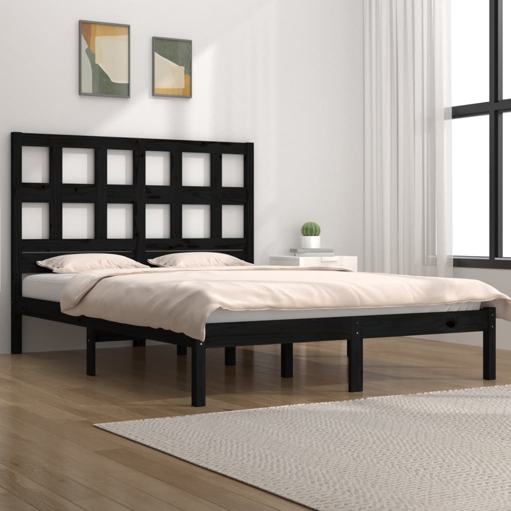 vidaXL Bed Frame | Black | Solid pinewood | 200 x 200 cm | Decorative Inlays