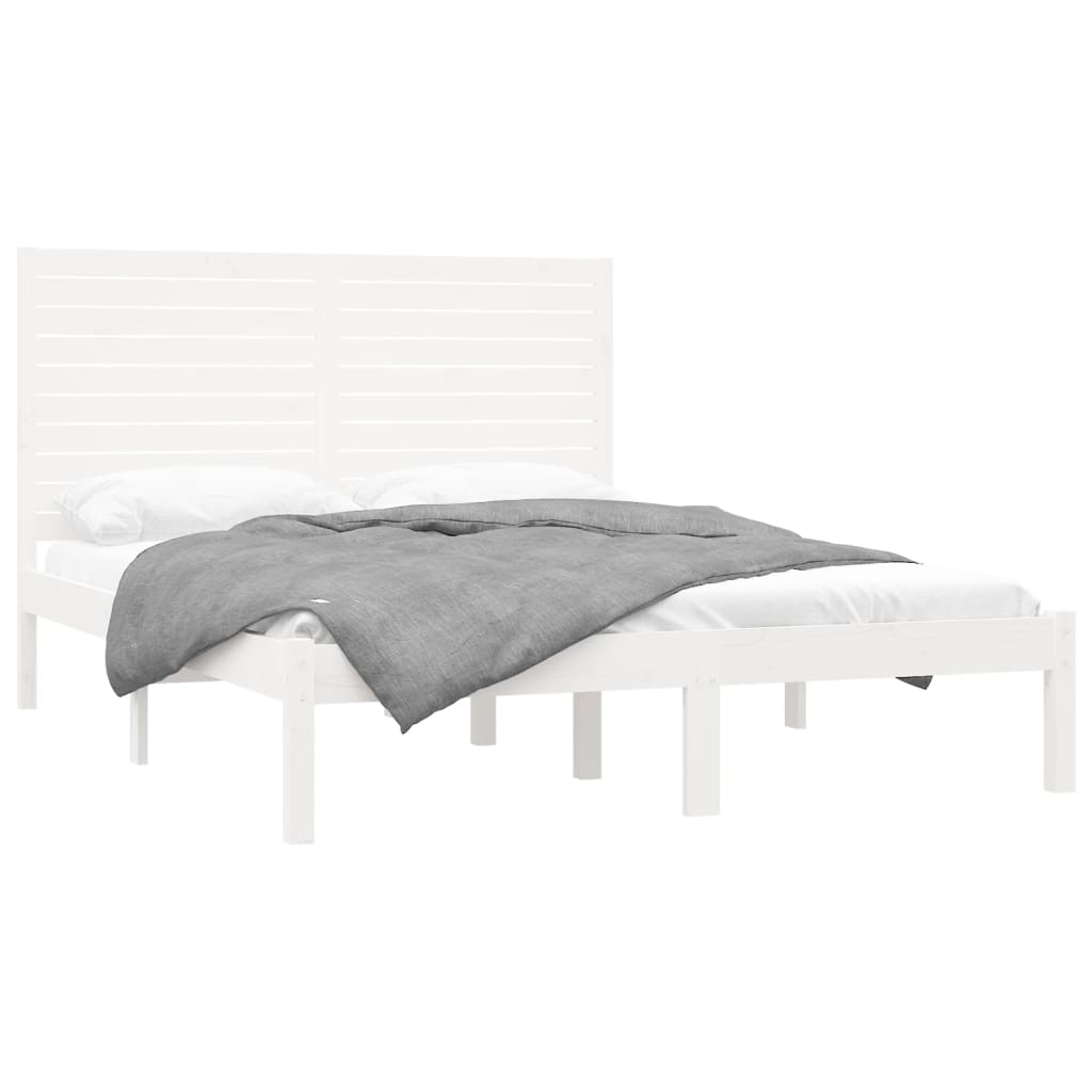vidaXL Bed Frame | White | Solid pinewood | Double | Decorative Inlays