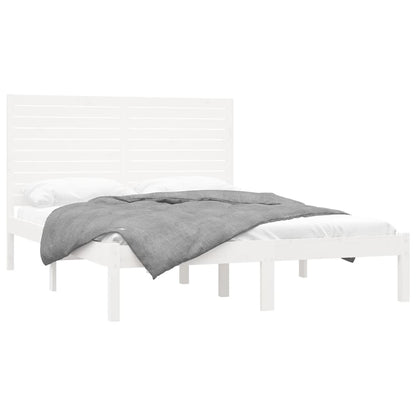 vidaXL Bed Frame | White | Solid pinewood | Double | Decorative Inlays