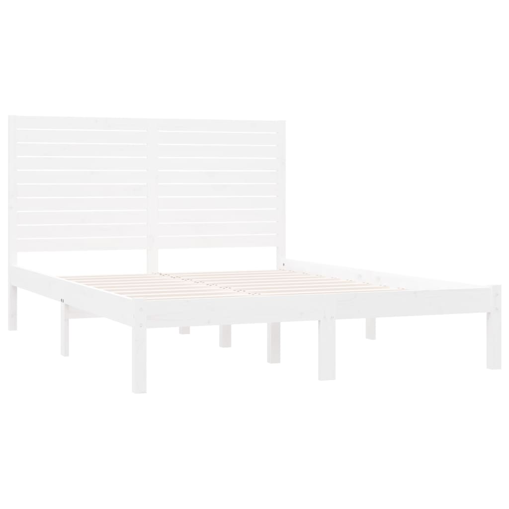 vidaXL Bed Frame | White | Solid pinewood | Double | Decorative Inlays