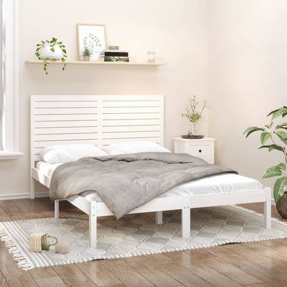 vidaXL Bed Frame | White | Solid pinewood | Double | Decorative Inlays