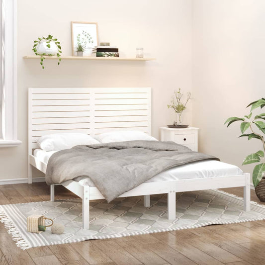 vidaXL Bed Frame | White | Solid pinewood | Double | Decorative Inlays