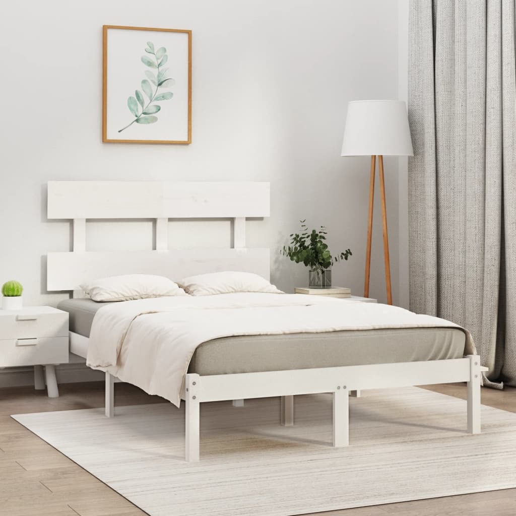 vidaXL Bed Frame | White | Solid Pine Wood | 120x200 cm | Decorative Inlays
