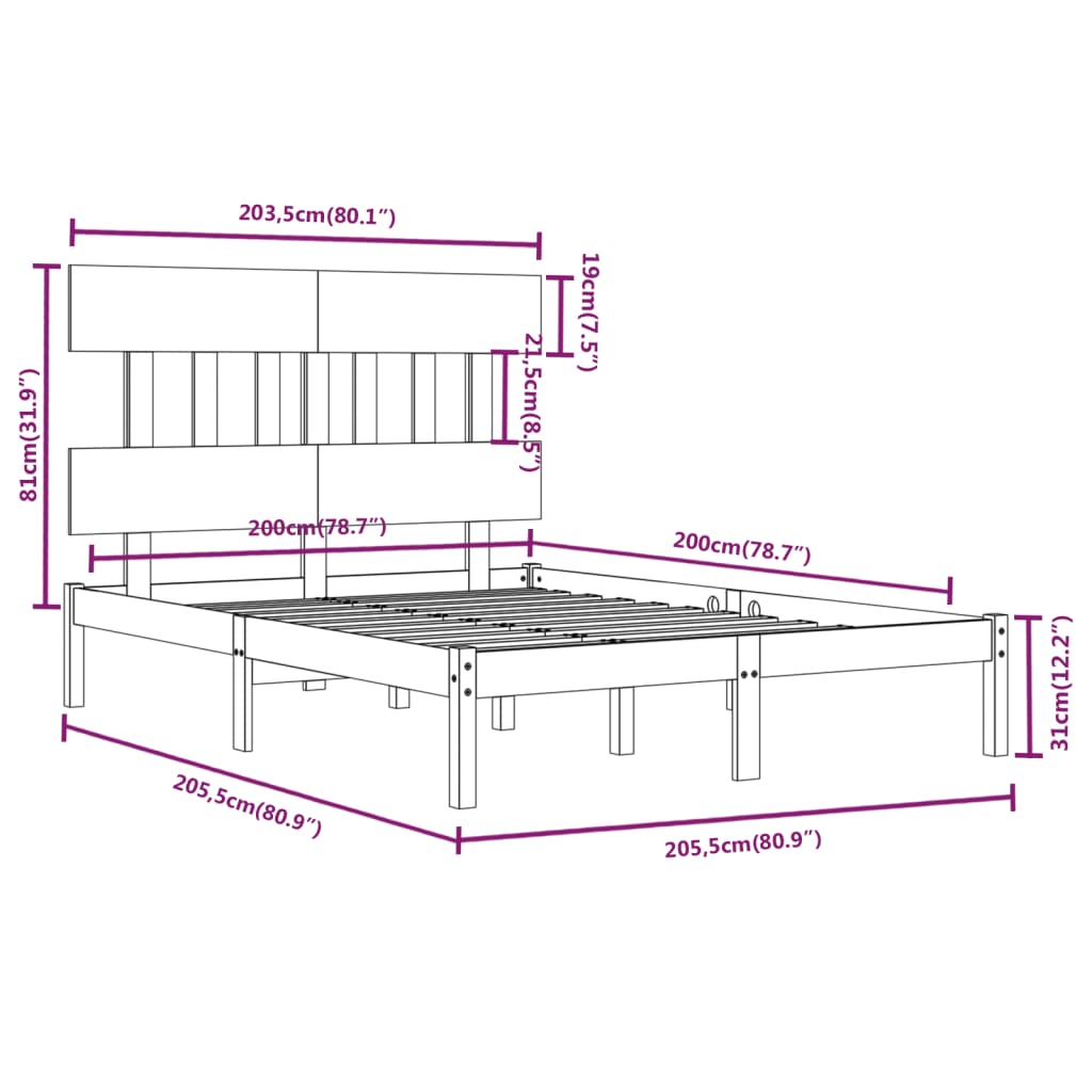 vidaXL Bed Frame without Mattress Black 200x200 cm Solid Wood