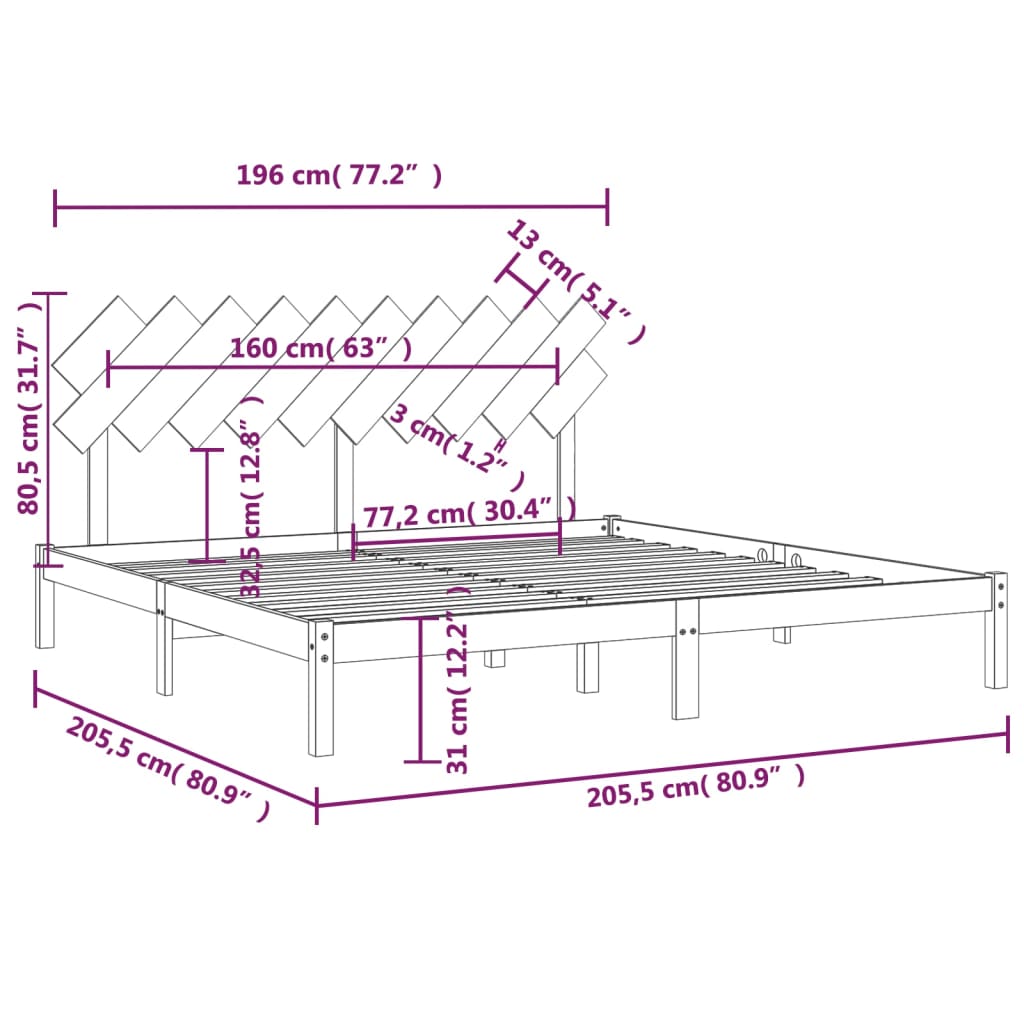 vidaXL Bed Frame | Grey | Solid Pinewood | 200 x 200 cm | Durable | Bed Frame